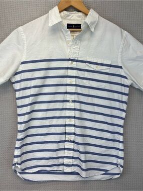 Men’s Ralph Lauren Short Sleeve Button Up Shirt White Blue Striped Nautical L